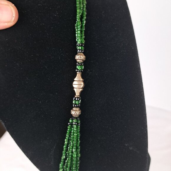 Long Multi Strand Green Glass Seed Bead Necklace w/ Silver Tone Beads - Picture 7 of 16